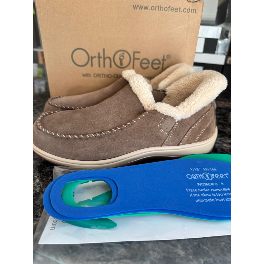 OrthoFeet Lorin‎ Taupe Suede Orthopedic Slippers Womens 9 M 80043 Faux Fur Lined